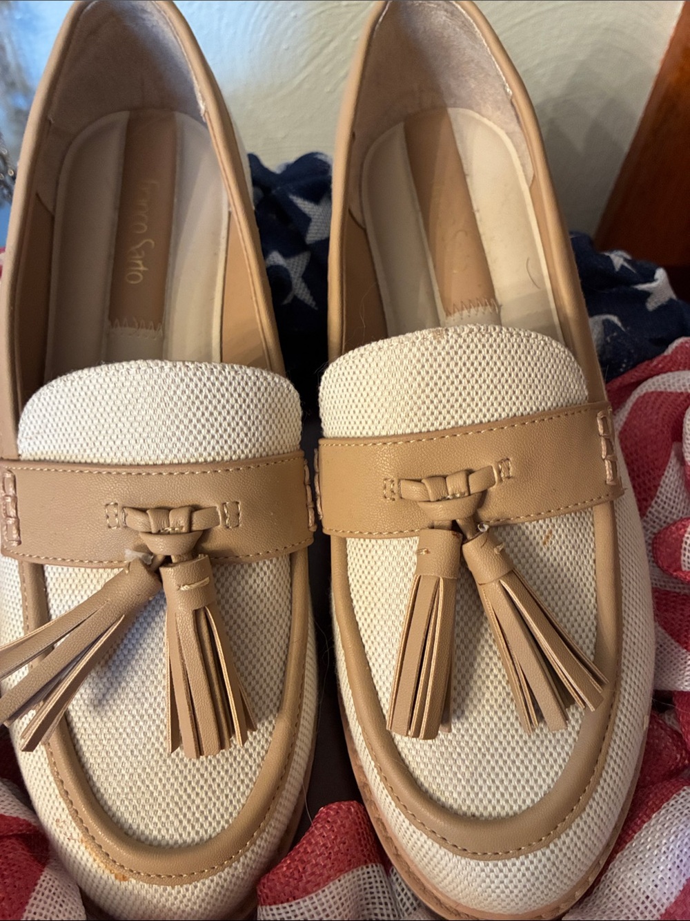 Franco Sarto Beige and Cream Tassel Loafers